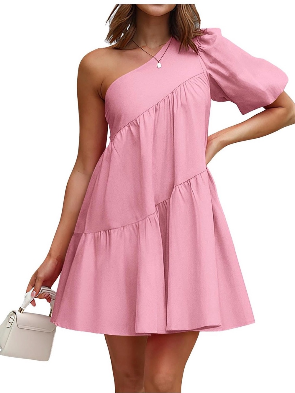 One-Shoulder Pink Tiered Mini Dress